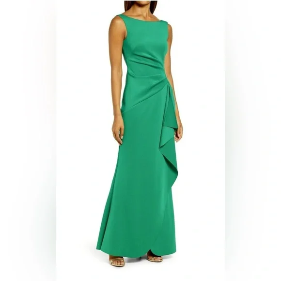 Eliza J Green Sleeveless Side Tuck Sleek Ruffle Gown Dress Size 8 full length - Picture 1 of 8